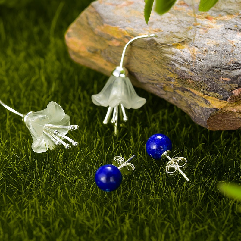 Fresh Flower Drop Earrings with Lapis Lazuli in S925