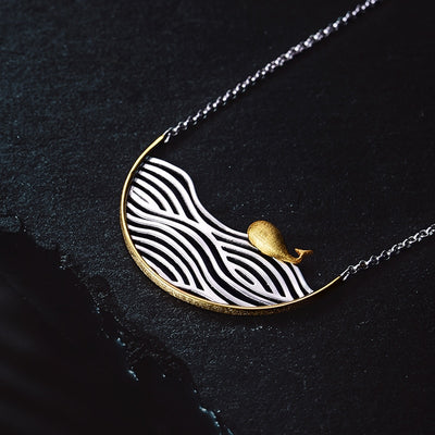 Swimming Whale on Waves Necklace S925