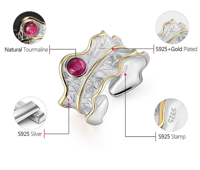 Tourmaline Peony Leaf Ring in S925 - Various Colors