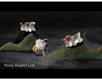 Tourmaline Peony Leaf Ring in S925 - Various Colors