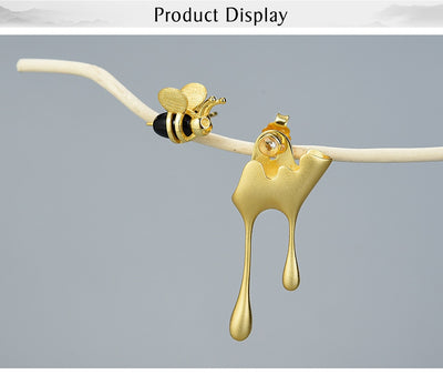 Bee and Dripping Honey Asymmetric Earrings in S925 - Low Inventory - Buy Soon!