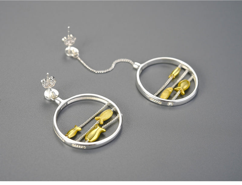 Moving Happy Fishes Asymmetrical Earrings in S925